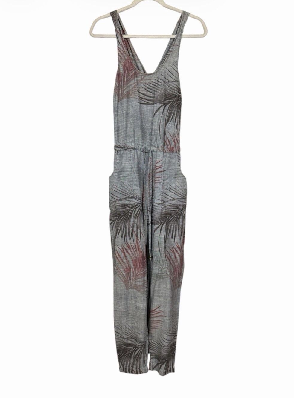 Anthropologie Level 99 Women's Sz M Jumpsuit Gray Chambray Tropical Linen Blend